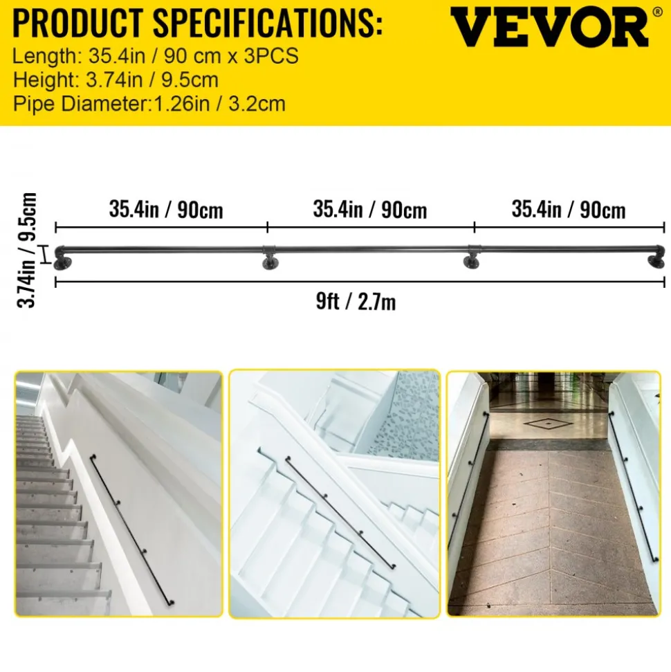 VEVOR Pipe Stair Handrail, 9FT Staircase Handrail, 440LBS Load Capacity Carbon Steel Pipe Handrail, Industrial Pipe Handrail with Wall Mount Support, Round Corner Wall Handrailings for Indoor, Outdoor