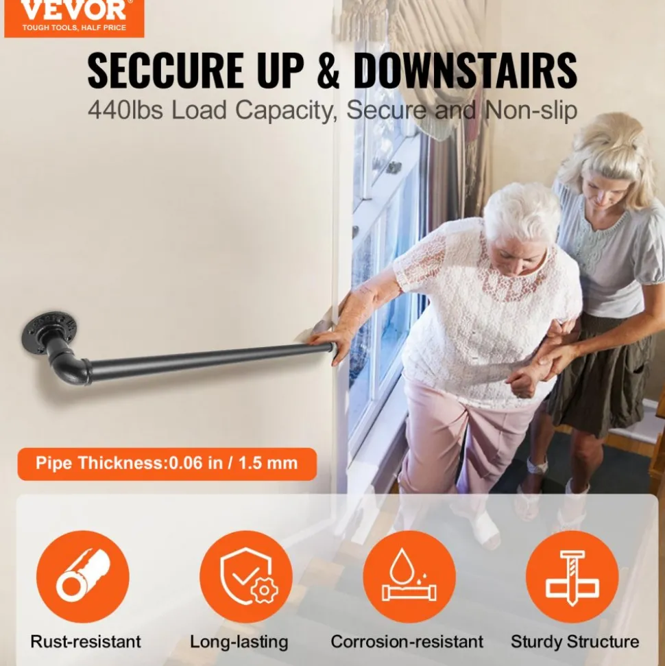 VEVOR Pipe Stair Handrail, 3FT Staircase Handrail, 440LBS Load Capacity Carbon Steel Pipe Handrail, Industrial Pipe Handrail with Wall Mount Support, Round Corner Wall Handrailings for Indoor, Outdoor