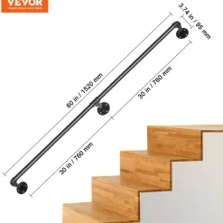 VEVOR Pipe Stair Handrail, 5FT Staircase Handrail, 440LBS Load Capacity Carbon Steel Pipe Handrail, Industrial Pipe Handrail with Wall Mount Support, Round Corner Wall Handrailings for Indoor, Outdoor