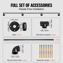 VEVOR Pipe Stair Handrail, 8FT Staircase Handrail, 440LBS Load Capacity Carbon Steel Pipe Handrail, Industrial Pipe Handrail with Wall Mount Support, Round Corner Wall Handrailings for Indoor, Outdoor