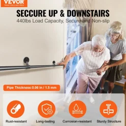 VEVOR Pipe Stair Handrail, 8FT Staircase Handrail, 440LBS Load Capacity Carbon Steel Pipe Handrail, Industrial Pipe Handrail with Wall Mount Support, Round Corner Wall Handrailings for Indoor, Outdoor
