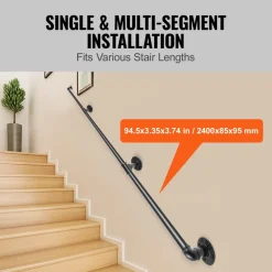 VEVOR Pipe Stair Handrail, 8FT Staircase Handrail, 440LBS Load Capacity Carbon Steel Pipe Handrail, Industrial Pipe Handrail with Wall Mount Support, Round Corner Wall Handrailings for Indoor, Outdoor