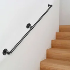 VEVOR Pipe Stair Handrail, 7FT Staircase Handrail, 440LBS Load Capacity Carbon Steel Pipe Handrail, Industrial Pipe Handrail with Wall Mount Support, Round Corner Wall Handrailings for Indoor, Outdoor