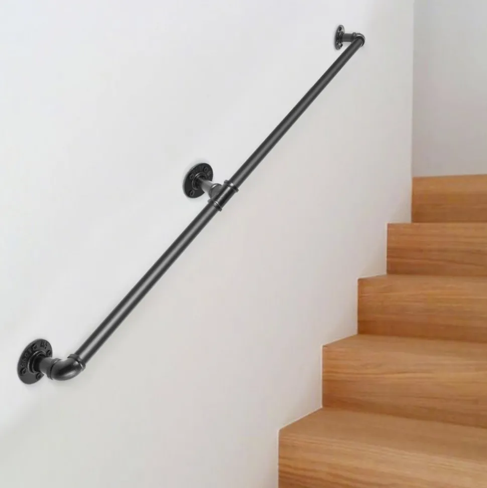 VEVOR Pipe Stair Handrail, 7FT Staircase Handrail, 440LBS Load Capacity Carbon Steel Pipe Handrail, Industrial Pipe Handrail with Wall Mount Support, Round Corner Wall Handrailings for Indoor, Outdoor
