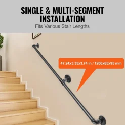 VEVOR Pipe Stair Handrail, 7FT Staircase Handrail, 440LBS Load Capacity Carbon Steel Pipe Handrail, Industrial Pipe Handrail with Wall Mount Support, Round Corner Wall Handrailings for Indoor, Outdoor