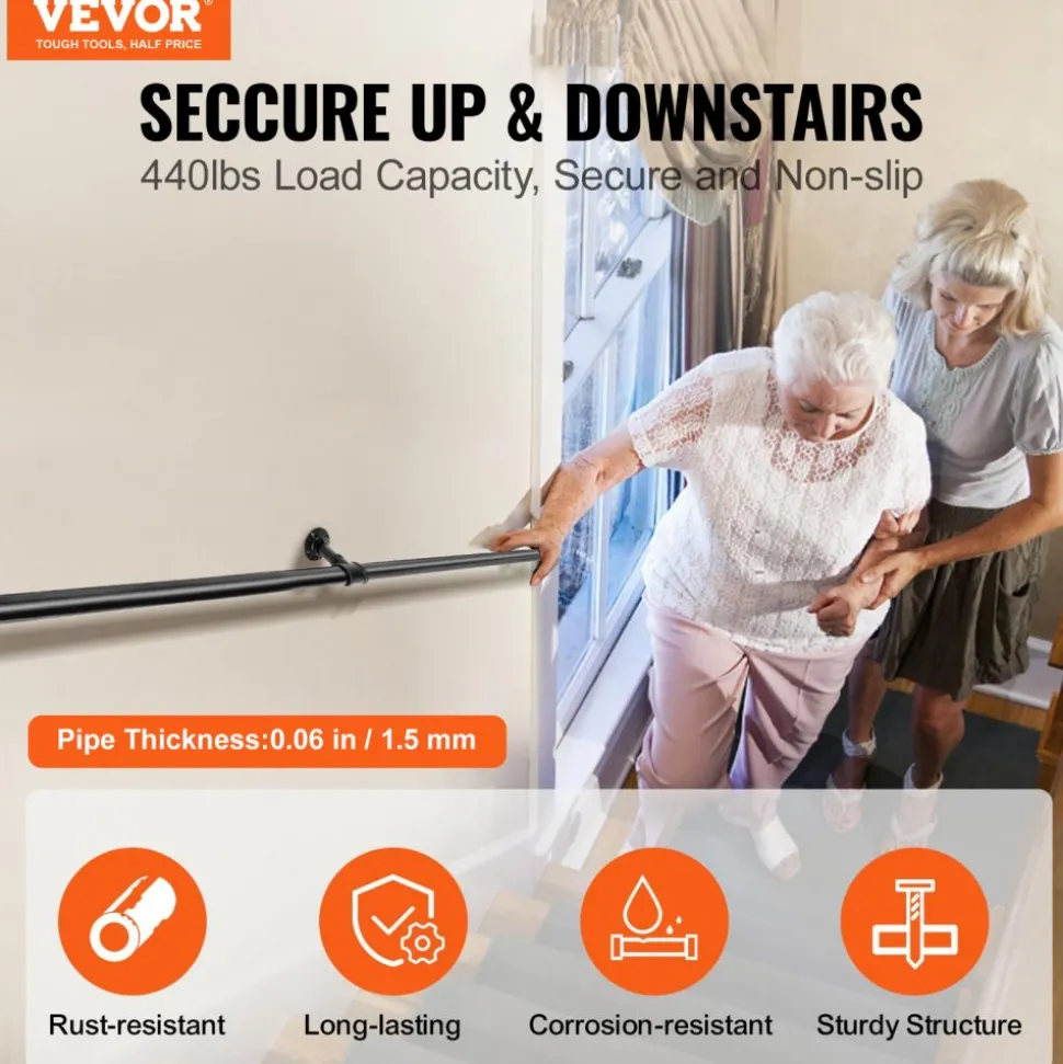 VEVOR Pipe Stair Handrail, 7FT Staircase Handrail, 440LBS Load Capacity Carbon Steel Pipe Handrail, Industrial Pipe Handrail with Wall Mount Support, Round Corner Wall Handrailings for Indoor, Outdoor