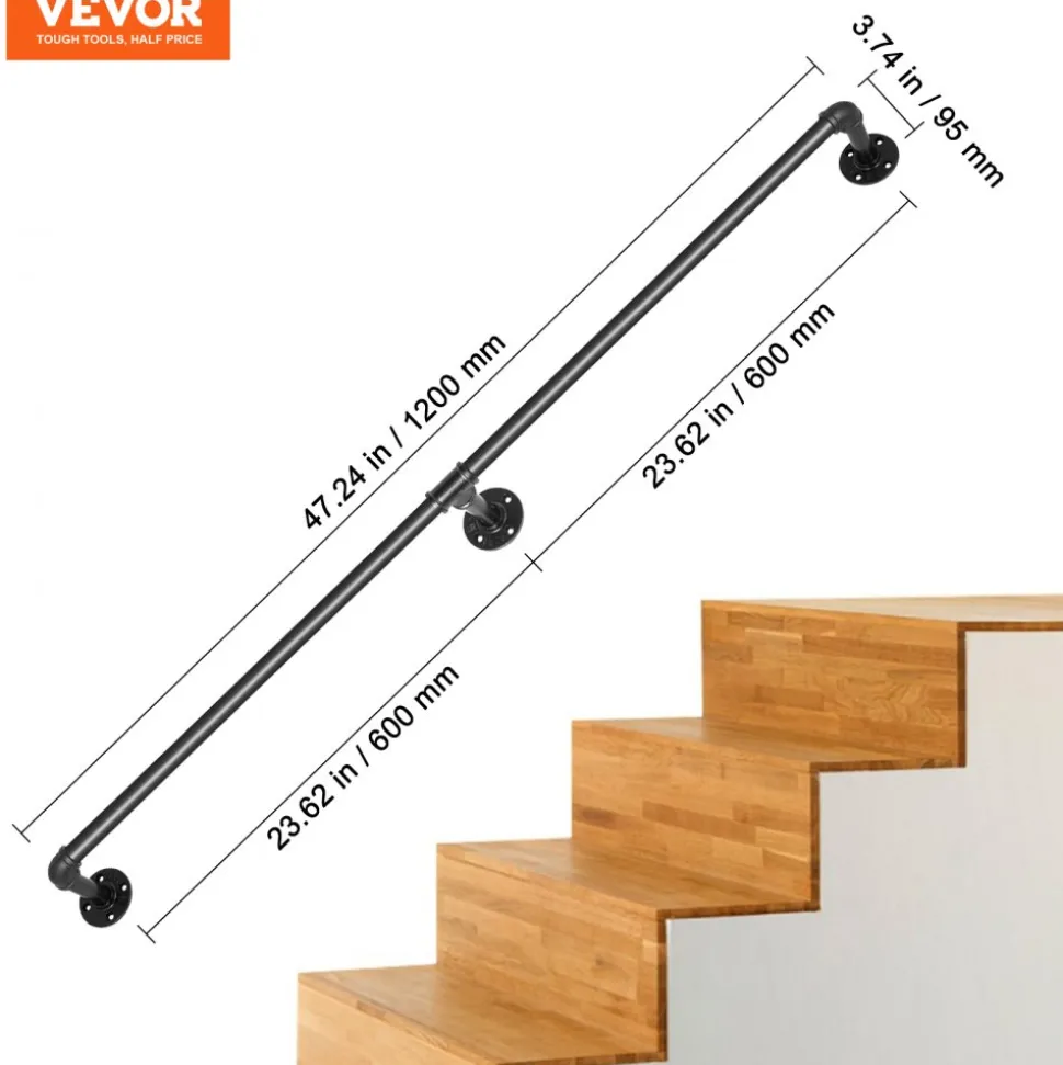 VEVOR Pipe Stair Handrail, 7FT Staircase Handrail, 440LBS Load Capacity Carbon Steel Pipe Handrail, Industrial Pipe Handrail with Wall Mount Support, Round Corner Wall Handrailings for Indoor, Outdoor