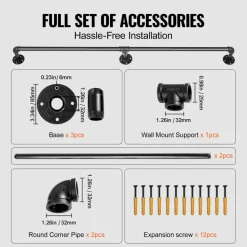 VEVOR Pipe Stair Handrail, 7FT Staircase Handrail, 440LBS Load Capacity Carbon Steel Pipe Handrail, Industrial Pipe Handrail with Wall Mount Support, Round Corner Wall Handrailings for Indoor, Outdoor