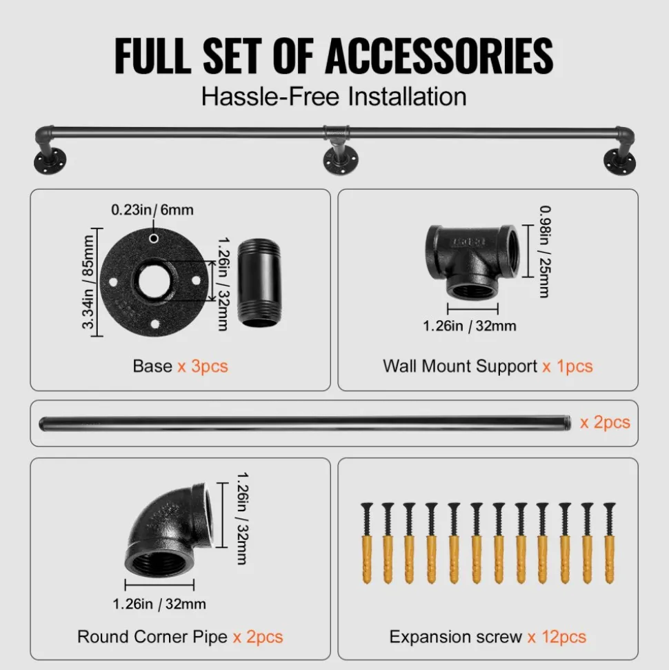 VEVOR Pipe Stair Handrail, 7FT Staircase Handrail, 440LBS Load Capacity Carbon Steel Pipe Handrail, Industrial Pipe Handrail with Wall Mount Support, Round Corner Wall Handrailings for Indoor, Outdoor