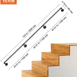 VEVOR Pipe Stair Handrail, 11FT Staircase Handrail, 440LBS Load Capacity Carbon Steel Pipe Handrail, Industrial Pipe Handrail with Wall Mount Support, Round Corner Wall Handrailing for Indoor, Outdoor