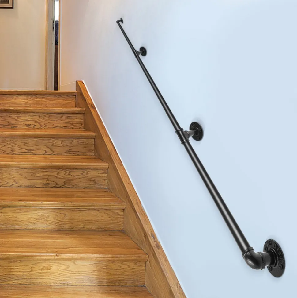 VEVOR Pipe Stair Handrail, 11FT Staircase Handrail, 440LBS Load Capacity Carbon Steel Pipe Handrail, Industrial Pipe Handrail with Wall Mount Support, Round Corner Wall Handrailing for Indoor, Outdoor