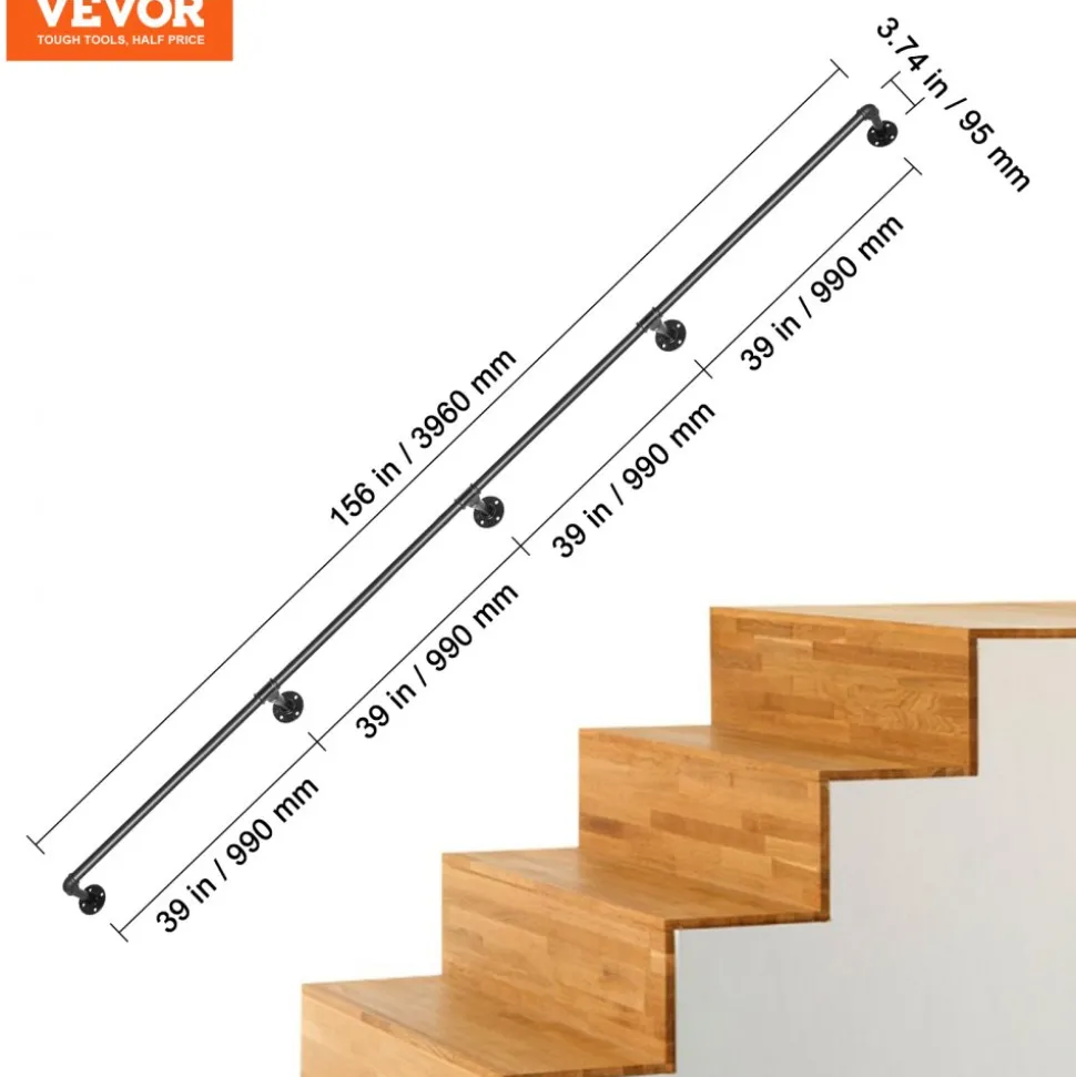 VEVOR Pipe Stair Handrail, 13FT Staircase Handrail, 440LBS Load Capacity Carbon Steel Pipe Handrail, Industrial Pipe Handrail with Wall Mount Support, Round Corner Wall Handrailing for Indoor, Outdoor