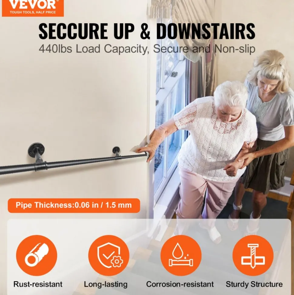VEVOR Pipe Stair Handrail, 13FT Staircase Handrail, 440LBS Load Capacity Carbon Steel Pipe Handrail, Industrial Pipe Handrail with Wall Mount Support, Round Corner Wall Handrailing for Indoor, Outdoor