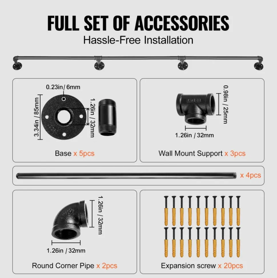 VEVOR Pipe Stair Handrail, 13FT Staircase Handrail, 440LBS Load Capacity Carbon Steel Pipe Handrail, Industrial Pipe Handrail with Wall Mount Support, Round Corner Wall Handrailing for Indoor, Outdoor