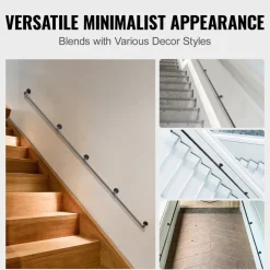 VEVOR Pipe Stair Handrail, 13FT Staircase Handrail, 440LBS Load Capacity Carbon Steel Pipe Handrail, Industrial Pipe Handrail with Wall Mount Support, Round Corner Wall Handrailing for Indoor, Outdoor