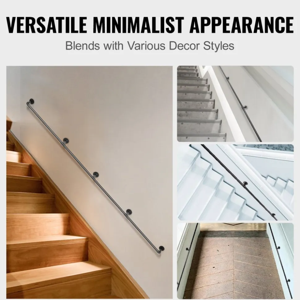 VEVOR Pipe Stair Handrail, 13FT Staircase Handrail, 440LBS Load Capacity Carbon Steel Pipe Handrail, Industrial Pipe Handrail with Wall Mount Support, Round Corner Wall Handrailing for Indoor, Outdoor