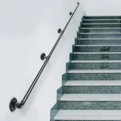 VEVOR Pipe Stair Handrail, 13FT Staircase Handrail, 440LBS Load Capacity Carbon Steel Pipe Handrail, Industrial Pipe Handrail with Wall Mount Support, Round Corner Wall Handrailing for Indoor, Outdoor