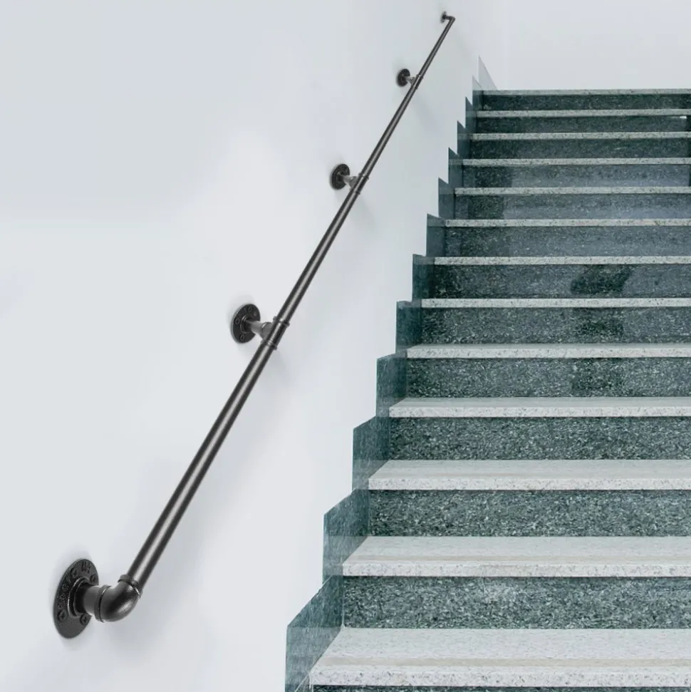VEVOR Pipe Stair Handrail, 13FT Staircase Handrail, 440LBS Load Capacity Carbon Steel Pipe Handrail, Industrial Pipe Handrail with Wall Mount Support, Round Corner Wall Handrailing for Indoor, Outdoor