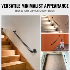 VEVOR Pipe Stair Handrail, 2FT Staircase Handrail, 440LBS Load Capacity Carbon Steel Pipe Handrail, Industrial Pipe Handrail with Wall Mount Support, Round Corner Wall Handrailings for Indoor, Outdoor