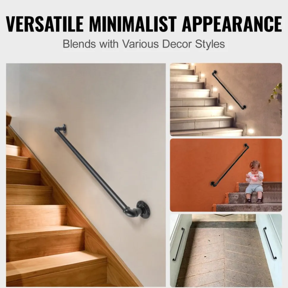 VEVOR Pipe Stair Handrail, 2FT Staircase Handrail, 440LBS Load Capacity Carbon Steel Pipe Handrail, Industrial Pipe Handrail with Wall Mount Support, Round Corner Wall Handrailings for Indoor, Outdoor