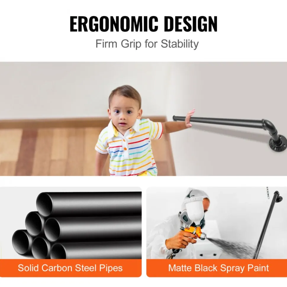 VEVOR Pipe Stair Handrail, 2FT Staircase Handrail, 440LBS Load Capacity Carbon Steel Pipe Handrail, Industrial Pipe Handrail with Wall Mount Support, Round Corner Wall Handrailings for Indoor, Outdoor
