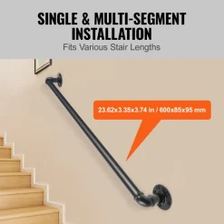 VEVOR Pipe Stair Handrail, 2FT Staircase Handrail, 440LBS Load Capacity Carbon Steel Pipe Handrail, Industrial Pipe Handrail with Wall Mount Support, Round Corner Wall Handrailings for Indoor, Outdoor