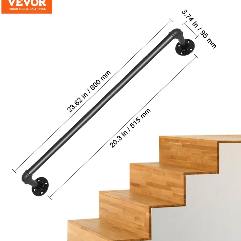 VEVOR Pipe Stair Handrail, 2FT Staircase Handrail, 440LBS Load Capacity Carbon Steel Pipe Handrail, Industrial Pipe Handrail with Wall Mount Support, Round Corner Wall Handrailings for Indoor, Outdoor