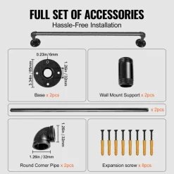 VEVOR Pipe Stair Handrail, 2FT Staircase Handrail, 440LBS Load Capacity Carbon Steel Pipe Handrail, Industrial Pipe Handrail with Wall Mount Support, Round Corner Wall Handrailings for Indoor, Outdoor