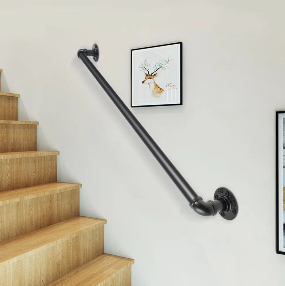 VEVOR Pipe Stair Handrail, 2FT Staircase Handrail, 440LBS Load Capacity Carbon Steel Pipe Handrail, Industrial Pipe Handrail with Wall Mount Support, Round Corner Wall Handrailings for Indoor, Outdoor