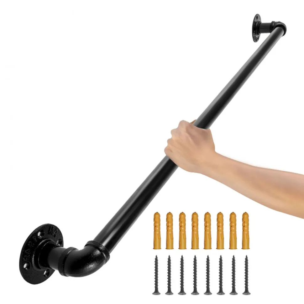 VEVOR Pipe Stair Handrail, 2FT Staircase Handrail, 440LBS Load Capacity Carbon Steel Pipe Handrail, Industrial Pipe Handrail with Wall Mount Support, Round Corner Wall Handrailings for Indoor, Outdoor