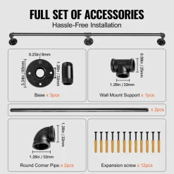 VEVOR Pipe Stair Handrail, 6FT Staircase Handrail, 440LBS Load Capacity Carbon Steel Pipe Handrail, Industrial Pipe Handrail with Wall Mount Support, Round Corner Wall Handrailings for Indoor, Outdoor