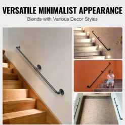 VEVOR Pipe Stair Handrail, 6FT Staircase Handrail, 440LBS Load Capacity Carbon Steel Pipe Handrail, Industrial Pipe Handrail with Wall Mount Support, Round Corner Wall Handrailings for Indoor, Outdoor