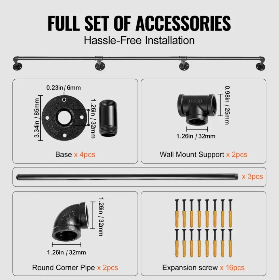 VEVOR Pipe Stair Handrail, 10FT Staircase Handrail, 440LBS Load Capacity Carbon Steel Pipe Handrail, Industrial Pipe Handrail with Wall Mount Support, Round Corner Wall Handrailing for Indoor, Outdoor