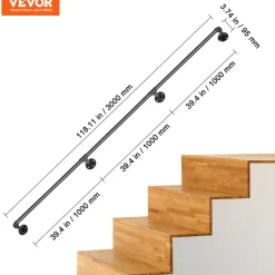 VEVOR Pipe Stair Handrail, 10FT Staircase Handrail, 440LBS Load Capacity Carbon Steel Pipe Handrail, Industrial Pipe Handrail with Wall Mount Support, Round Corner Wall Handrailing for Indoor, Outdoor