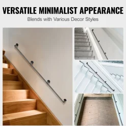 VEVOR Pipe Stair Handrail, 10FT Staircase Handrail, 440LBS Load Capacity Carbon Steel Pipe Handrail, Industrial Pipe Handrail with Wall Mount Support, Round Corner Wall Handrailing for Indoor, Outdoor
