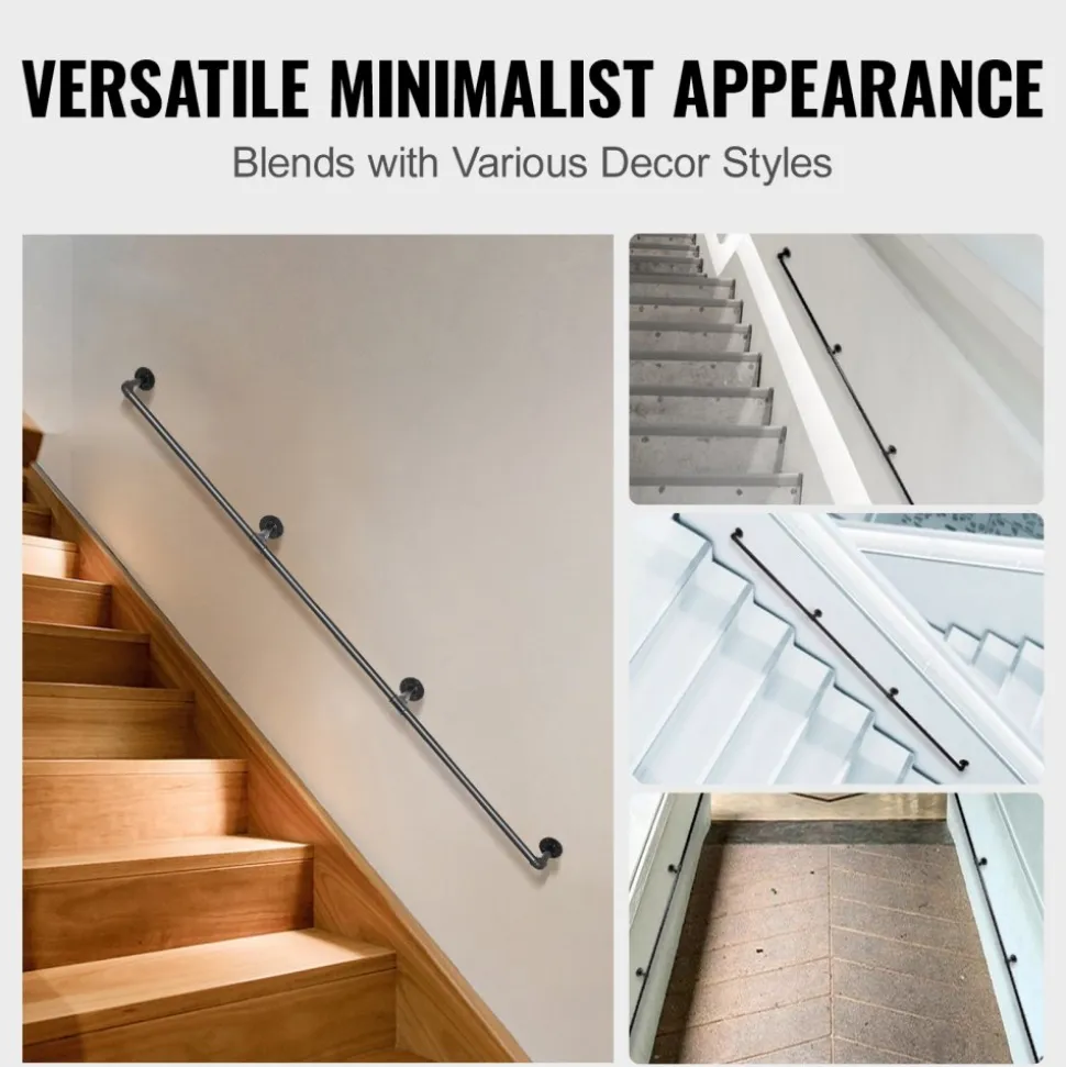 VEVOR Pipe Stair Handrail, 10FT Staircase Handrail, 440LBS Load Capacity Carbon Steel Pipe Handrail, Industrial Pipe Handrail with Wall Mount Support, Round Corner Wall Handrailing for Indoor, Outdoor