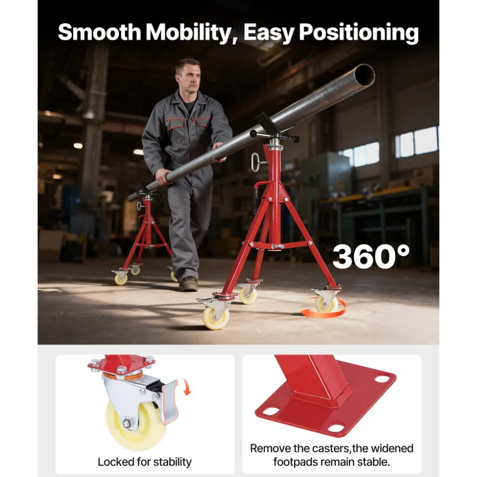 VEVOR Pipe Stand, V Head Pipe Stand Adjustable Height 20-37 Inch, 2500LBS Pipe Stands with Casters, Folding Portable Pipe Stands for 1/8 to 12 Inch Pipe Supporting