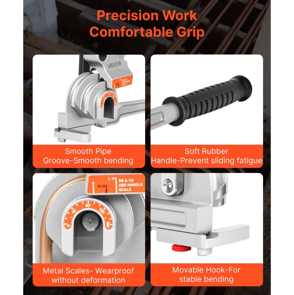 VEVOR Pipe Tube Bender, 1/4", 3/8", 1/2" (12.7mm) OD, 3 in 1 Manual Level Tube Bender, 180° Copper Aluminum Pipes Bending Tool for Automotive Repair, HVAC Air Conditioning