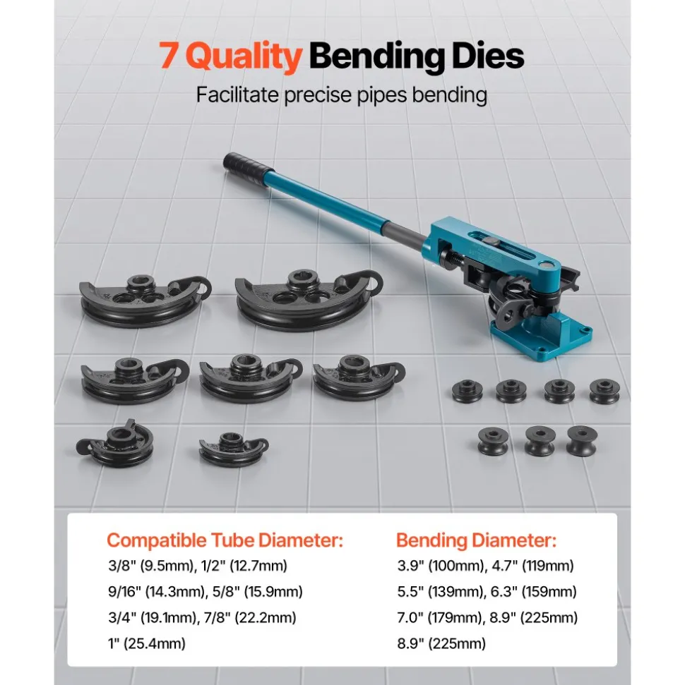 VEVOR Pipe Tube Bender, 3/8" to 1" Manual Pipe Tube Bender, with 7 Dies, Heavy Duty Tube Bender Tubing of Steel Metal Copper, for Repair Shops, Blue