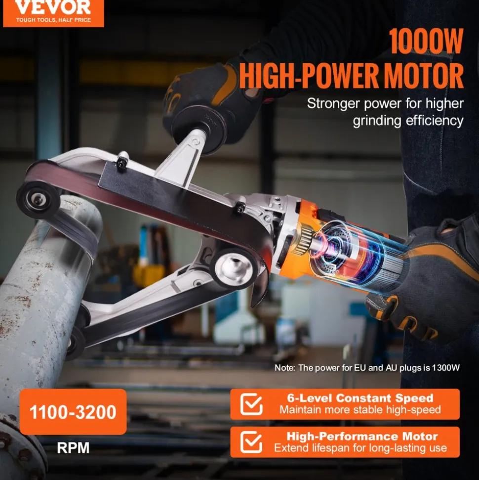 VEVOR Pipe Tube Polisher Sander, 1000W Pipe Belt Sander with 6 Variable Speeds 1100-3200rpm, Professional Belt Sander Grinding Machine with 3PCS Sanding Belts for Burnishing Finishing Rust Removal
