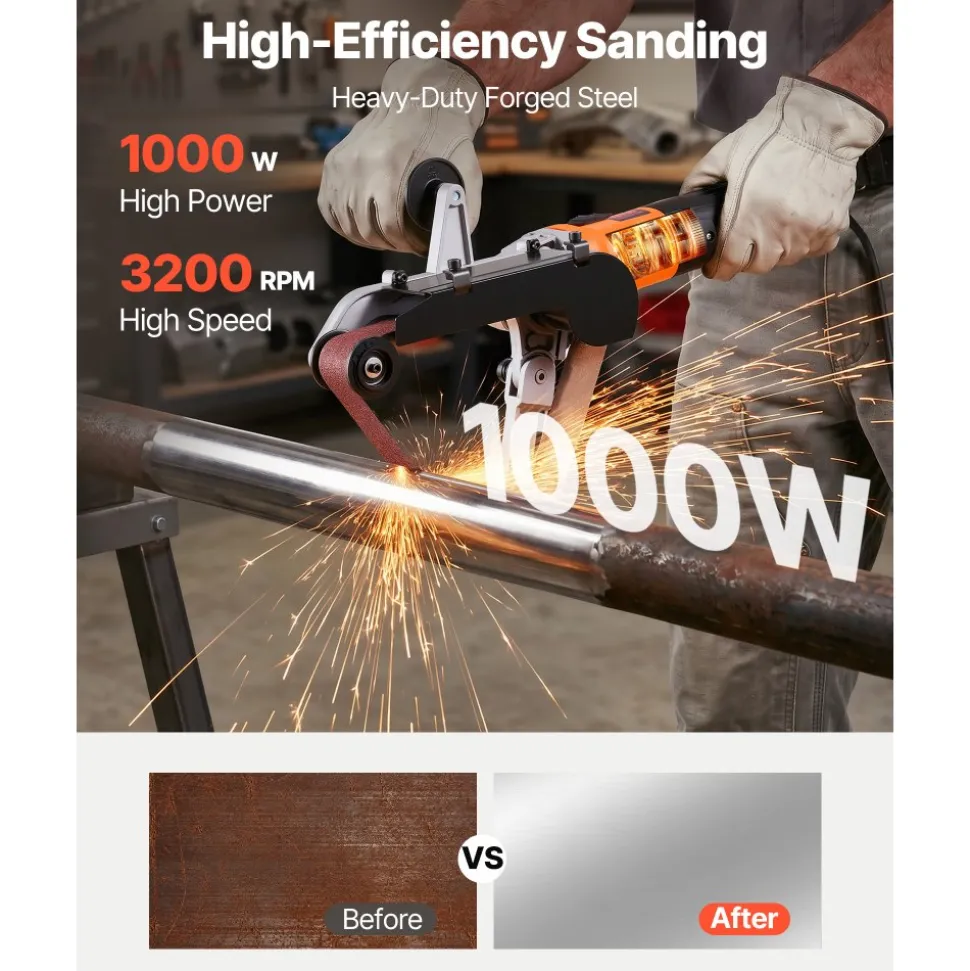 VEVOR Pipe Tube Polisher Sander, 1000W Pipe Belt Sander with 6 Variable Speeds 1100-3200rpm, Professional Belt Sander Grinding Machine with 100PCS Sanding Belts for Burnishing Finishing Rust Removal