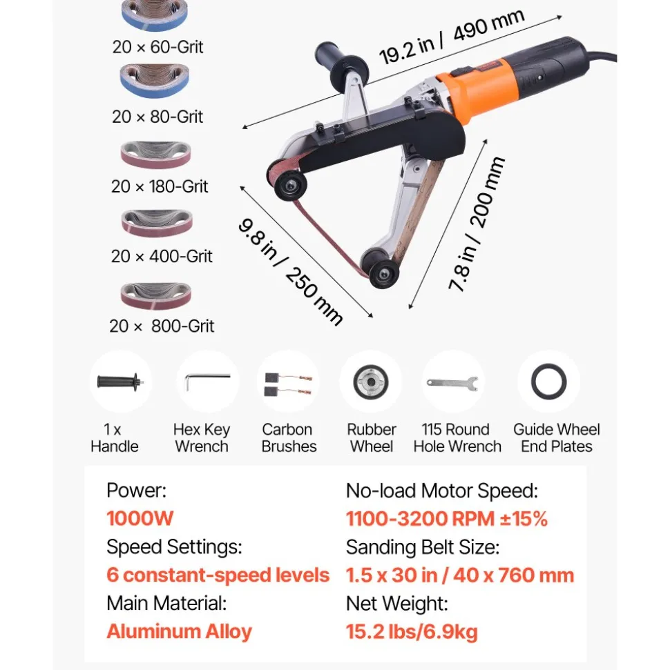 VEVOR Pipe Tube Polisher Sander, 1000W Pipe Belt Sander with 6 Variable Speeds 1100-3200rpm, Professional Belt Sander Grinding Machine with 100PCS Sanding Belts for Burnishing Finishing Rust Removal