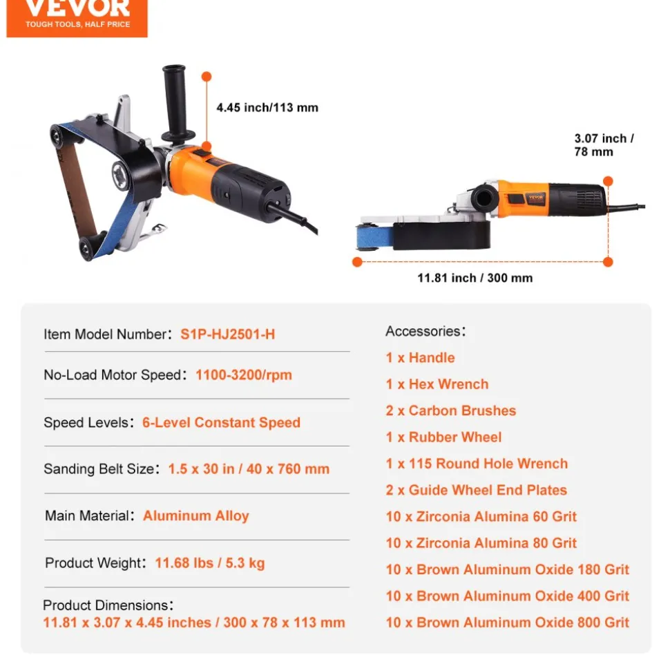 VEVOR Pipe Tube Polisher Sander, 1000W Pipe Belt Sander with 6 Variable Speeds 1100-3200rpm, Professional Belt Sander Grinding Machine with 50PCS Sanding Belts for Burnishing Finishing Rust Removal