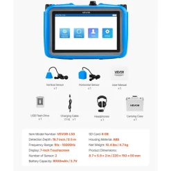 VEVOR Pipe Water Leak Detector for Indoors, 1Hz-10000Hz, 7