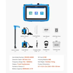 VEVOR Pipe Water Leak Detector for Outdoors, 1Hz-10000Hz, 7" Touchscreen Leakage Detection Locator for 16.4FT (5m) Underground Plumbing - with Medium & Large Sensor, 3 Listening Rods, Headphone & Case