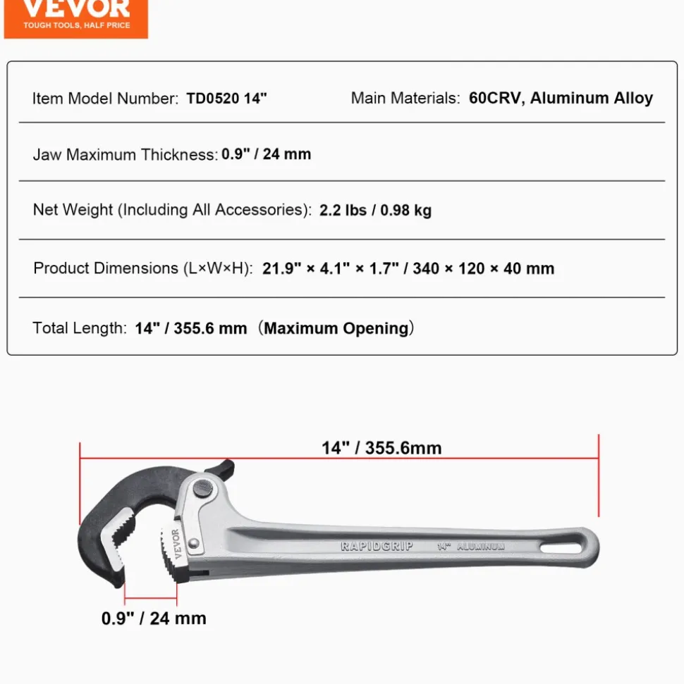 VEVOR Pipe Wrench, 14" Aluminum Straight Pipe Wrench, Automatic Jaw Adjustment, Adjustable Plumbing Wrench, Easy to Carry, Ergonomic Handle, Hangable Design, for Water Pipes, Automotive Repairs