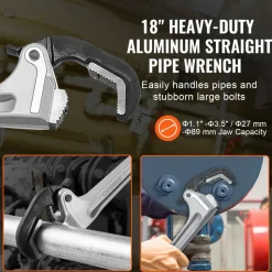 VEVOR Pipe Wrench, 18" Aluminum Straight Pipe Wrench, Automatic Jaw Adjustment, Adjustable Plumbing Wrench, Easy to Carry, Ergonomic Handle, Hangable Design, for Water Pipes, Automotive Repairs