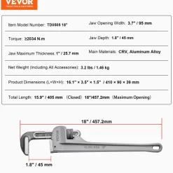 VEVOR Pipe Wrench, 18" Aluminum Straight Pipe Wrench, Adjustable Plumbing Wrench, with High Strength Jaw and Ergonomic Handle, Easy to Carry, Hangable Design, for Water Pipes, Automotive Repairs