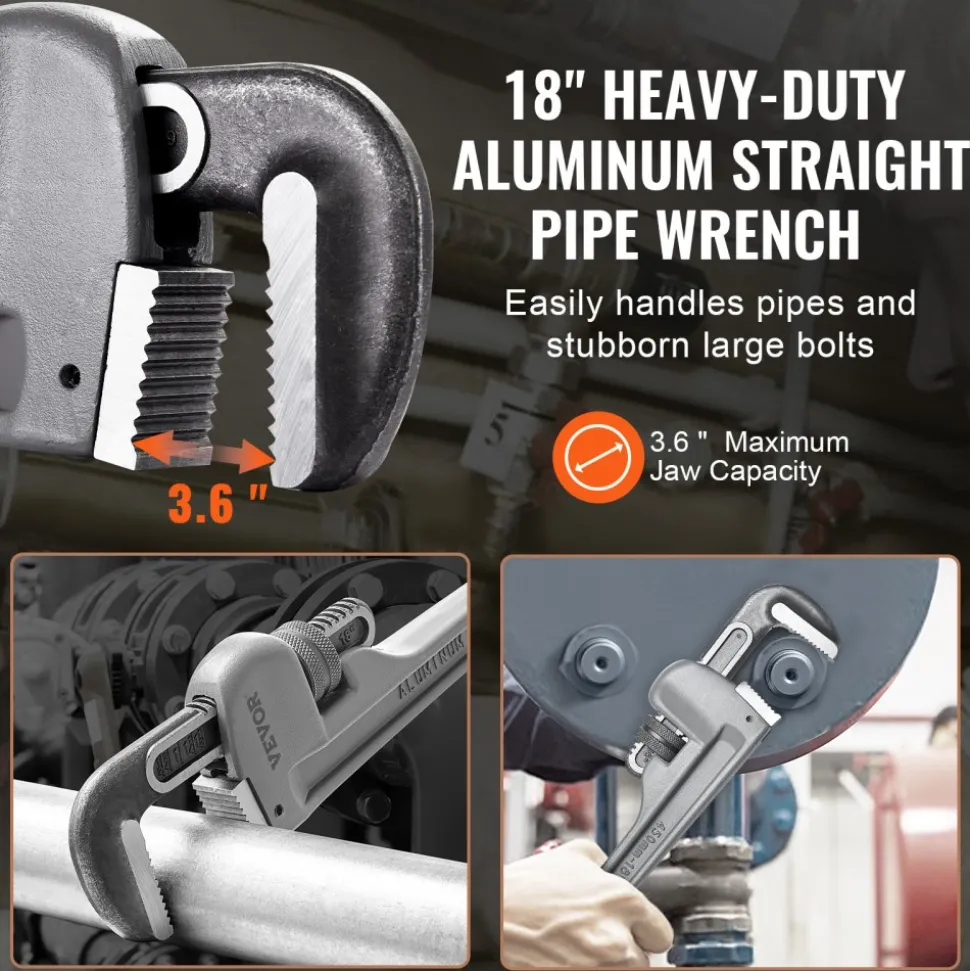 VEVOR Pipe Wrench, 18" Aluminum Straight Pipe Wrench, Adjustable Plumbing Wrench, with High Strength Jaw and Ergonomic Handle, Easy to Carry, Hangable Design, for Water Pipes, Automotive Repairs