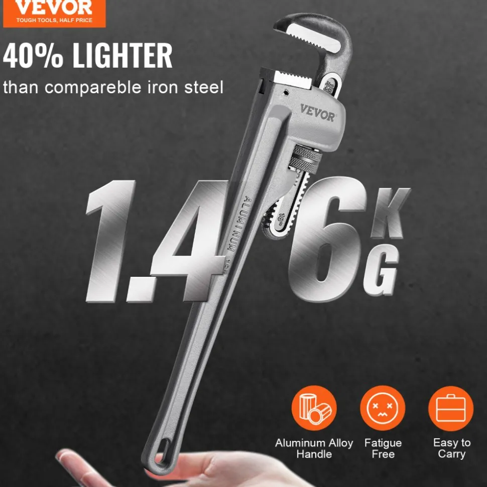 VEVOR Pipe Wrench, 18" Aluminum Straight Pipe Wrench, Adjustable Plumbing Wrench, with High Strength Jaw and Ergonomic Handle, Easy to Carry, Hangable Design, for Water Pipes, Automotive Repairs